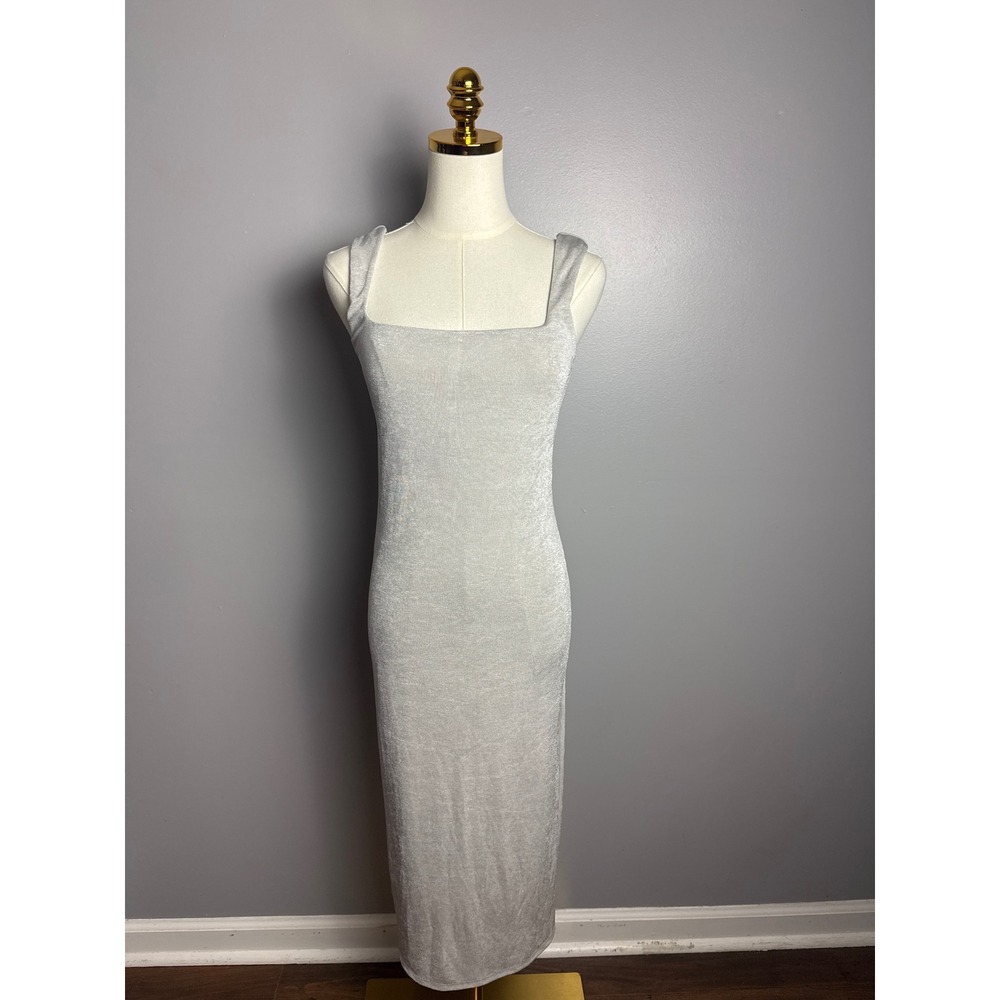 Wild Fable Bodycon Midi Dress Women Small Silver Excellent Metallic Square Neck‎